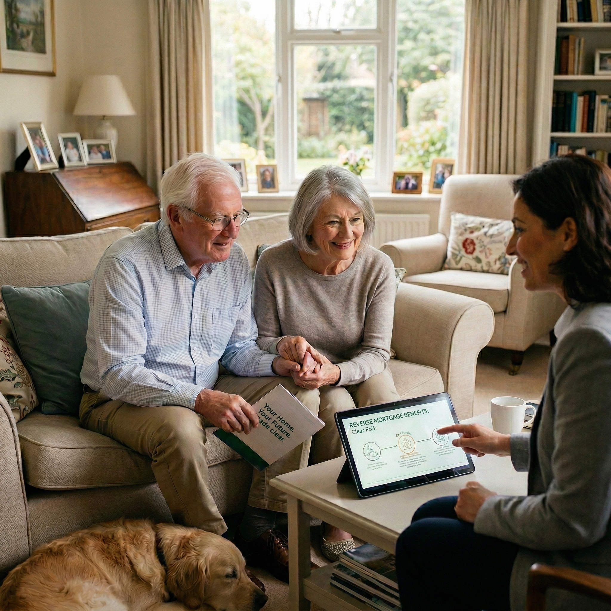 Senior couple reviewing reverse mortgage documents together